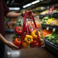 Consumer holding supermarket plastic bag filled with fruits for better quality of life Royalty Free Stock Photo