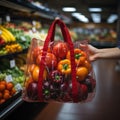 Consumer holding supermarket plastic bag filled with fruits for better quality of life Royalty Free Stock Photo