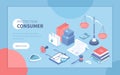 Consumer protection. Buyer`s legal rights, purchase safety. Buyer seller relationship regulations. Isometric vector illustration