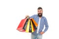 Consumer protection concept. Man happy consumer hold shopping bags. Buy and sell. Consumer protection laws ensure rights