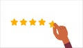 The consumer rates the service. The hand puts the fifth star. Vector fully editable flat isolated illustration on white