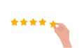 The consumer rates the service. The hand puts the fifth star. Vector fully editable flat isolated illustration on white