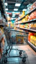 Consumer scene Blurred shopping cart in a busy supermarket department