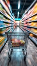 Consumer scene Blurred shopping cart in a busy supermarket department