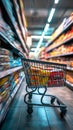 Consumer scene Blurred shopping cart in a busy supermarket department