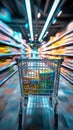 Consumer scene Blurred shopping cart in a busy supermarket department