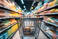 Consumer scene Blurred shopping cart in a busy supermarket department