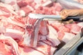 Consumer selecting fresh and clean pork chop in supermarket