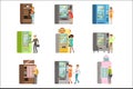 Consumers standing near vending machine and going to buy a drinks and food. Set of colorful cartoon detailed vector Royalty Free Stock Photo