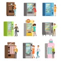 Consumers standing near vending machine and going to buy a drinks and food. Set of colorful cartoon detailed vector Royalty Free Stock Photo