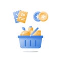 Consumption incentive concept, till slip and full grocery basket, loyalty program, earn bonus points, collect tokens