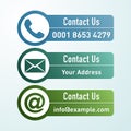 Contact buttons flat design. Phone, mail and email icons in contact us buttons. Vector graphic design elements for web design.