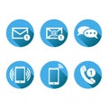 Contact buttons set icons. Email, envelope, phone, mobile. Vector illustration in flat style on round blue background with shadow. Royalty Free Stock Photo