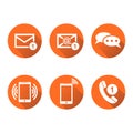 Contact buttons set icons. Email, envelope, phone, mobile. Vector illustration in flat style on round orange background with shad Royalty Free Stock Photo