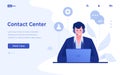 Contact center landing page. Website interface for customer support. Online feedback service. Cartoon operator answers