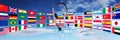 Contact concept , headset with flags on sky, and contact us text Royalty Free Stock Photo