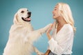 Contact concept. Woman teaching her dog new commands, labrador giving paw to his female owner, blue background Royalty Free Stock Photo