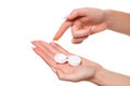 Contact eye lens. Close-up of woman hands holding white eyelense container. Royalty Free Stock Photo