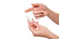 Contact eye lens. Close-up of woman holding white eye lense on finger. Royalty Free Stock Photo