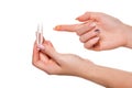 Contact eye lens. Close-up of woman holding white eye lense on finger. Royalty Free Stock Photo