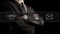 Contact icons over businessman crossing arms on front