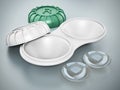 Contact lens box and lenses isolated on gray background. 3D illustration
