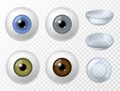 Contact lens and human eye. Realistic human eyeball different color iris texture front view, ophthalmology contact lens