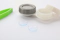 Contact lenses, case and tweezers on white background, closeup Royalty Free Stock Photo