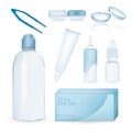 Contact lenses, drops, case, tweezers, daily solution, package. Set of realistic object.
