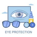 Contact lenses, eye drops, glasses, vector illustration. Vision correction, eye protection, ophthalmology.