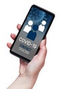 Contact Tracing COVID-19 Corona Virus Tracking App concept, hand holding cell phone with application design on screen isolated on