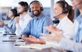 Contact us, call center or portrait of friendly black man in telecom communications company in help desk. Happy smile