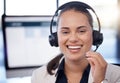 Contact us, call center or portrait of friendly woman in telecom communications company in help desk. Happy smile, crm