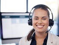 Contact us, call center or portrait of happy woman in telecom communications company in help desk. Smile, crm or face of