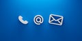 Contact us concept. Icon Telephone, Address and email on blue background Royalty Free Stock Photo