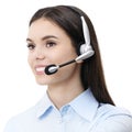 Contact us, customer service operator woman with headset smiling Royalty Free Stock Photo