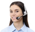 Contact us, customer service operator woman with headset smiling Royalty Free Stock Photo