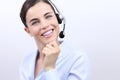 Contact us, customer service operator woman with headset smiling Royalty Free Stock Photo