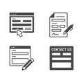 Contact us flat glyph icons. Vector illustration included icon as registration form, silhouette pictogram of web page