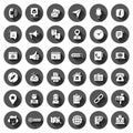 Contact us icon set in flat style. Mobile communication vector illustration on black round background with long shadow effect.