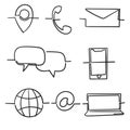 Contact us icons with handdrawn doodle line illustration vector