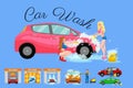 Contactless car washing services, bikini model girl cleaning auto with soap and water, vehicle interior vacuum cleaner Royalty Free Stock Photo