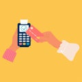 Contactless cashless approved payment using pos terminal.Hands paying with credit or debit card Royalty Free Stock Photo