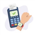 Contactless cashless payment with virtual credit card on smartwatch. Hand paying approve success with POS terminals and