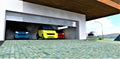 Contactless charging of several electrical cars in the garage of futuristic country dwelling. 3d rendering