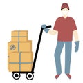 Contactless Delivery concept set. Coronavirus, covid-19. Courier delivers shopping cartons, courier with a box trolley