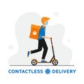 Contactless delivery on kick scooter during coronavirus outbreak. Courier in a medical mask on scooter with parcel box on the back