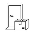 Contactless delivery. Linear icon of front door and package box. Black illustration of online shopping, buying food and things