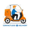 Contactless delivery by scooter during coronavirus outbreak. Courier in a medical mask on scooter delivering food. Fast and free Royalty Free Stock Photo