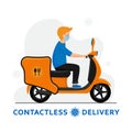 Contactless delivery by scooter during coronavirus outbreak. Courier in a medical mask on motorbike delivering food. Fast and free Royalty Free Stock Photo